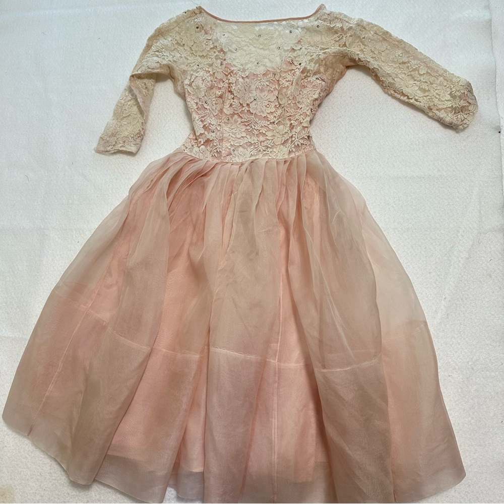 1950s VTG Jr Flair by Sportlane Rhinestone Lace Pink Peach Party Dress